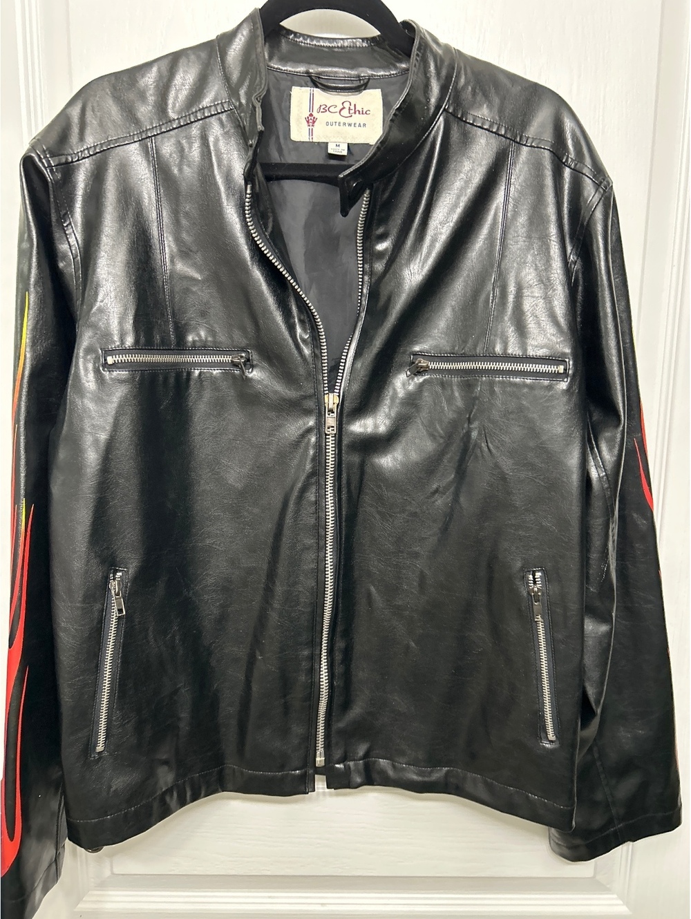 BC Ethic Black Faux Leather Jacket with Red Flame Sleeves, Men's Medium